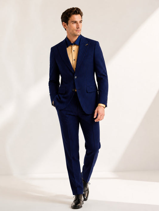 Navy Black Striped Peak Lapel Suit