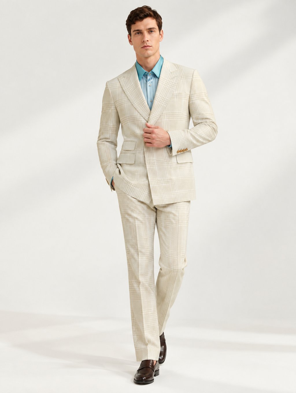 Khaki Glen Check Peak Lapel Suit