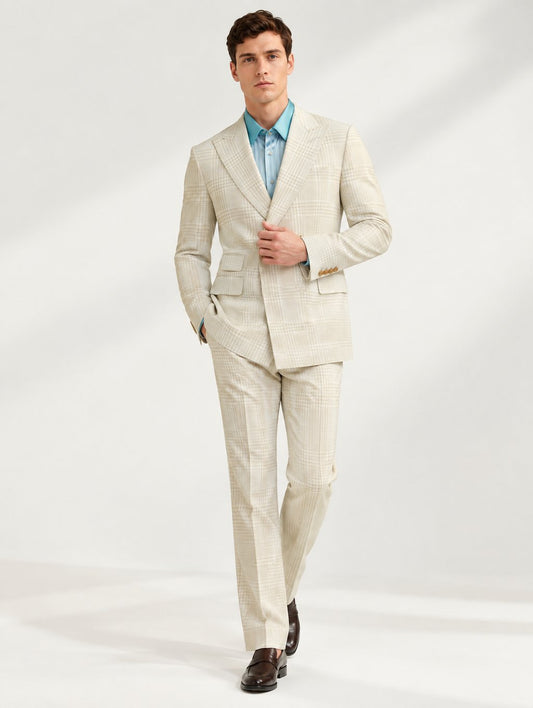 Khaki Glen Check Peak Lapel Suit