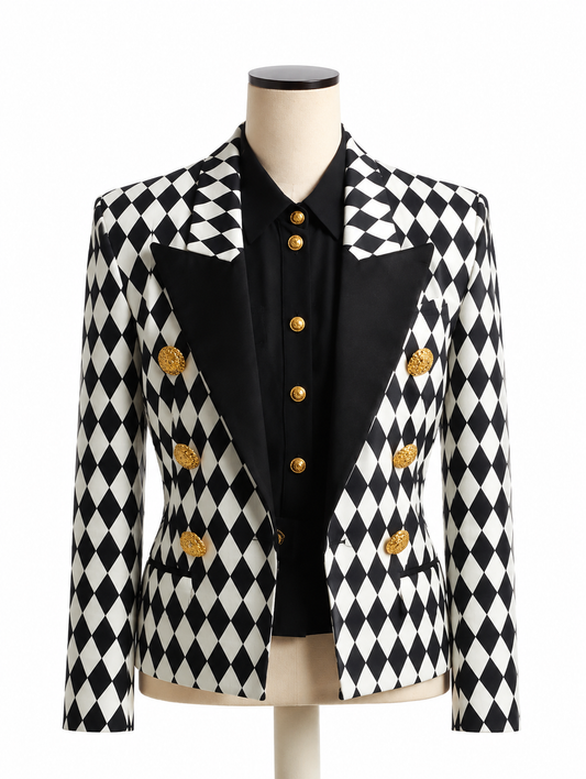 Harlequin Check Double-Breasted Blazer