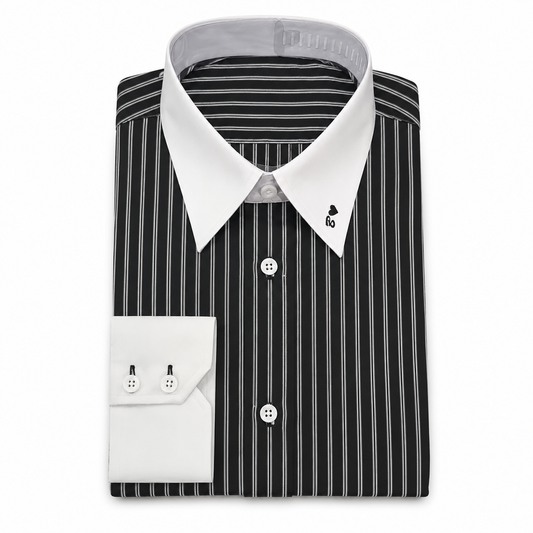 Black Pinstripe Contrast Collar Shirt