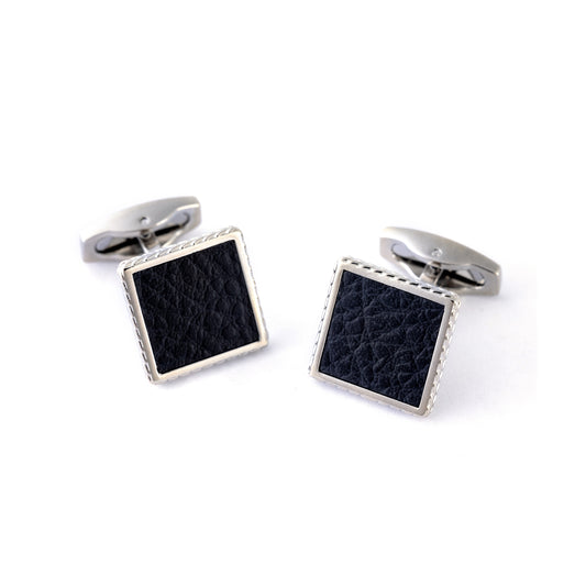 Square Textured Leather Inlay Cufflinks | Silver Rope Border