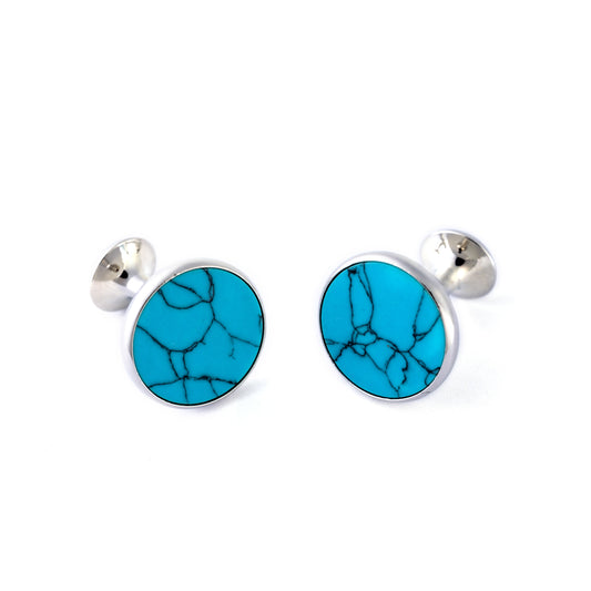 Round Turquoise Stone Pattern Cufflinks | Silver Tone