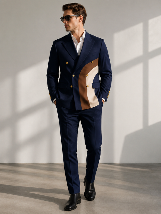 Navy Color-Block Tailored Suit
