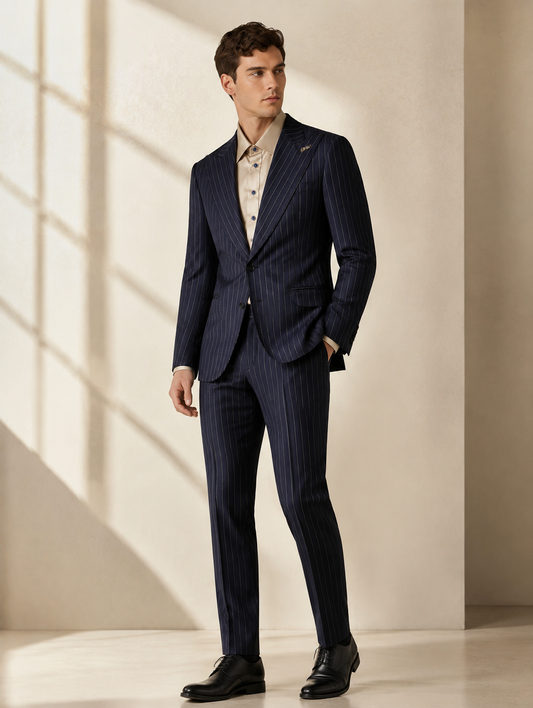 Navy Pinstripe Wide Lapel Suit