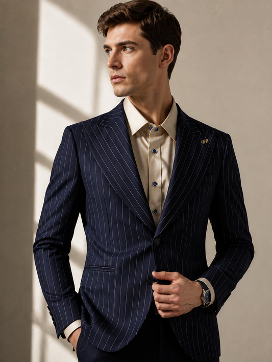 Navy Pinstripe Wide Lapel Suit