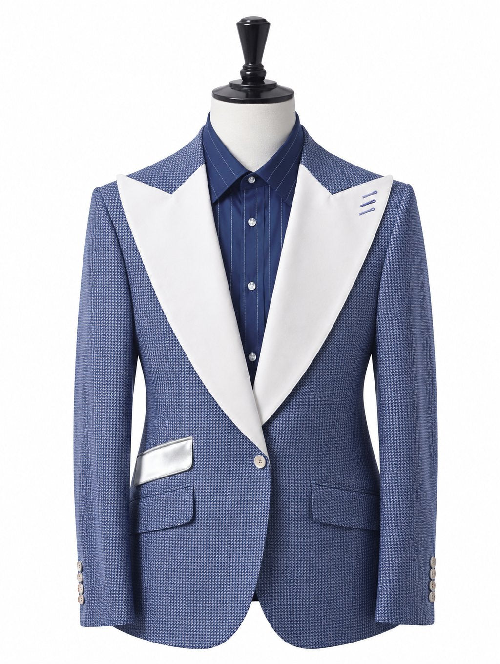 Blue White Houndstooth Contrast Lapel Suit