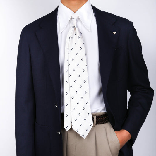 White Navy Grid Pattern Silk Tie