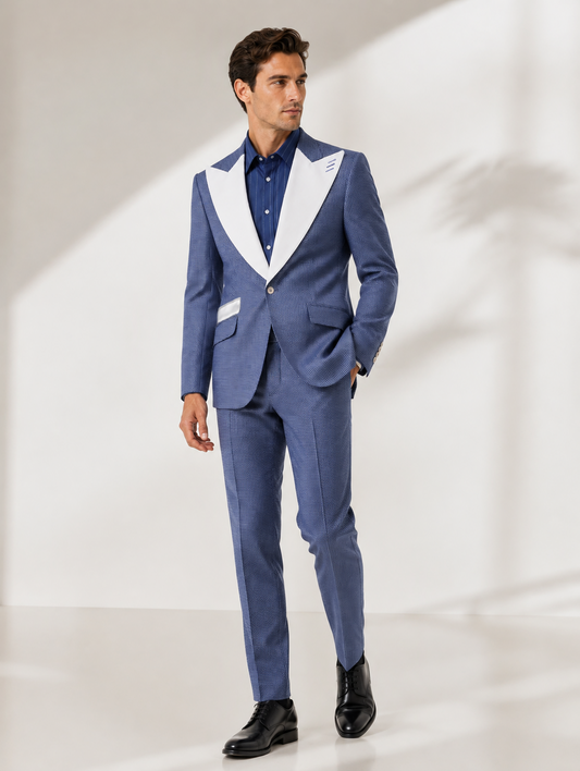 Blue White Houndstooth Contrast Lapel Suit with Shirt