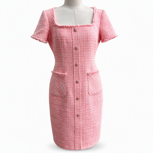 Pink Tweed Button-Front Dress
