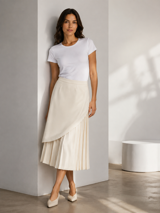 Ivory Asymmetric Pleated Midi Skirt