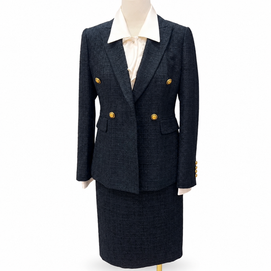 Navy Tweed Double-Breasted Skirt Suit