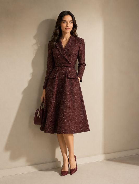 Burgundy Tweed Belted Blazer Dress