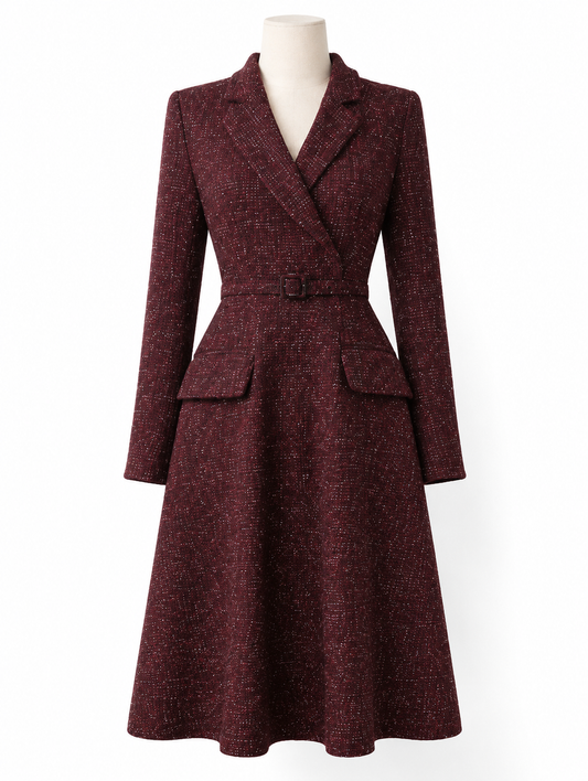 Burgundy Tweed Belted Blazer Dress