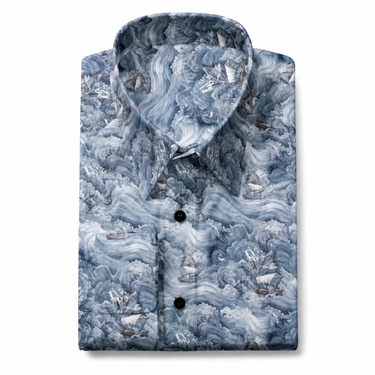 Blue Ocean Wave Ship Printed Dress Shirt