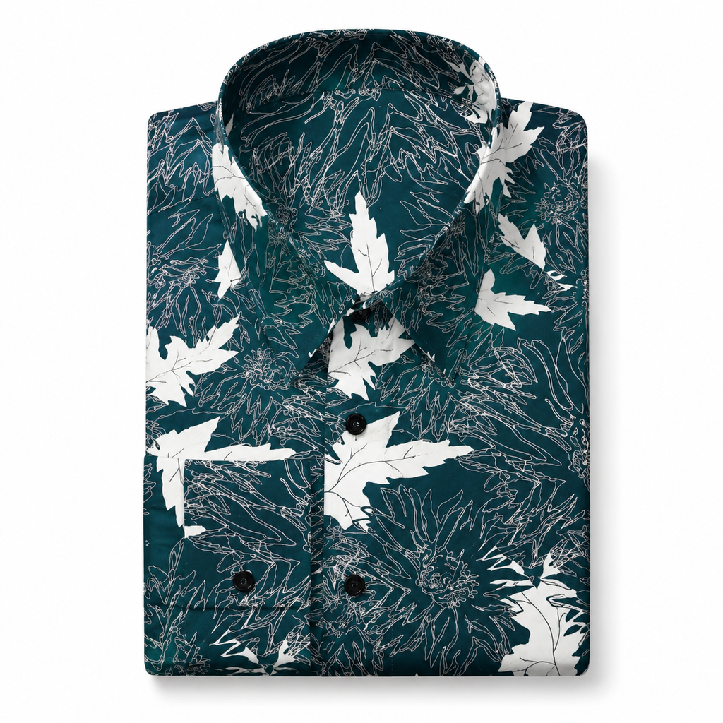 Teal White Maple Leaf Printed Dress Shirt