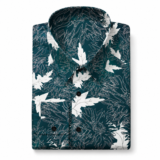 Teal White Maple Leaf Printed Dress Shirt