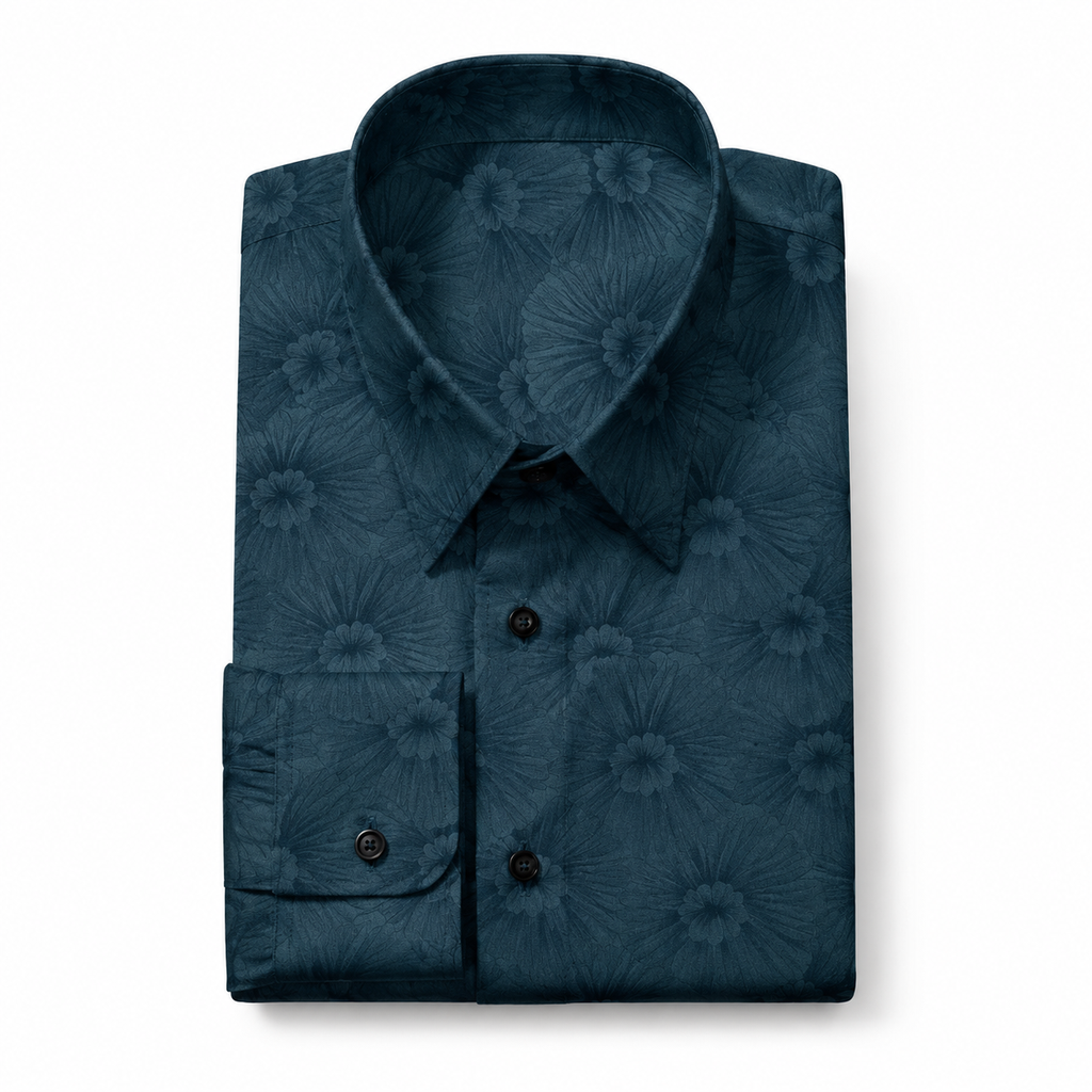 Teal Tonal Floral Printed Dress Shirt