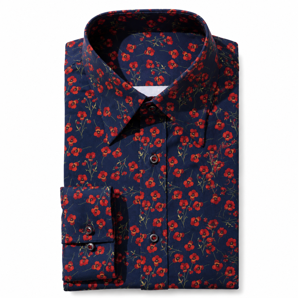 Navy Red Poppy Printed Dress Shirt