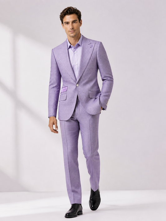 Light Purple Houndstooth Satin Pocket Suit with Shirt