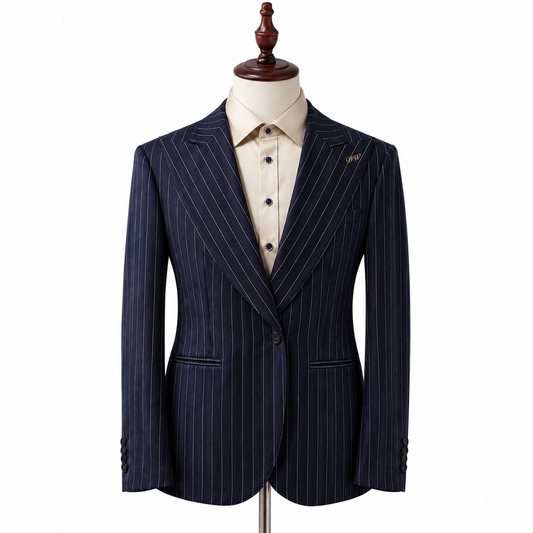 Navy Pinstripe Wide Lapel Suit with Shirt