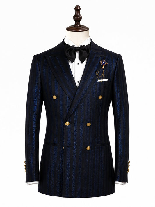 Navy Blue Shimmer Double-Breasted Suit with Shirt