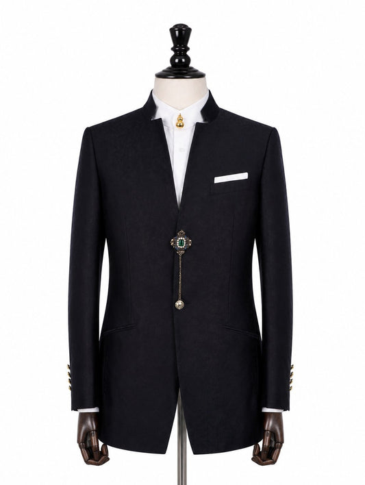 Black Mandarin Suit with Ornate Brooch