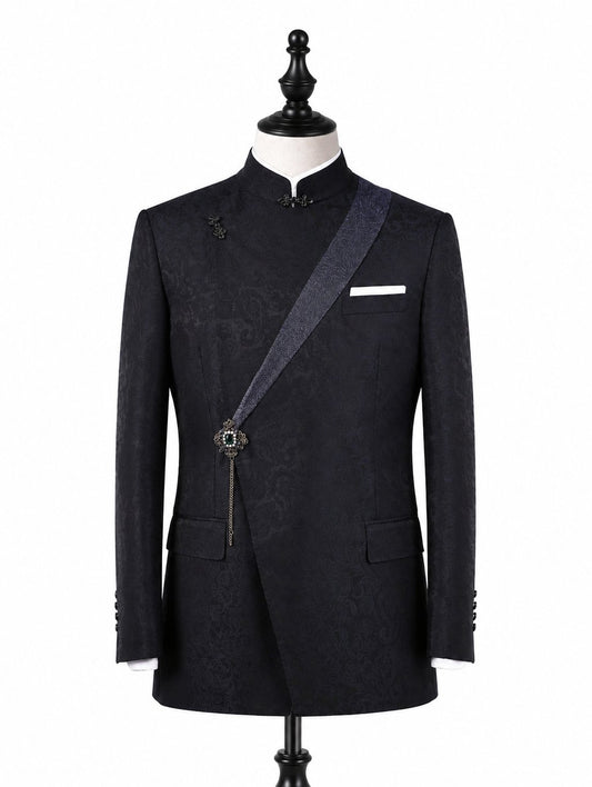 Black Asymmetric Mandarin Suit with Sash