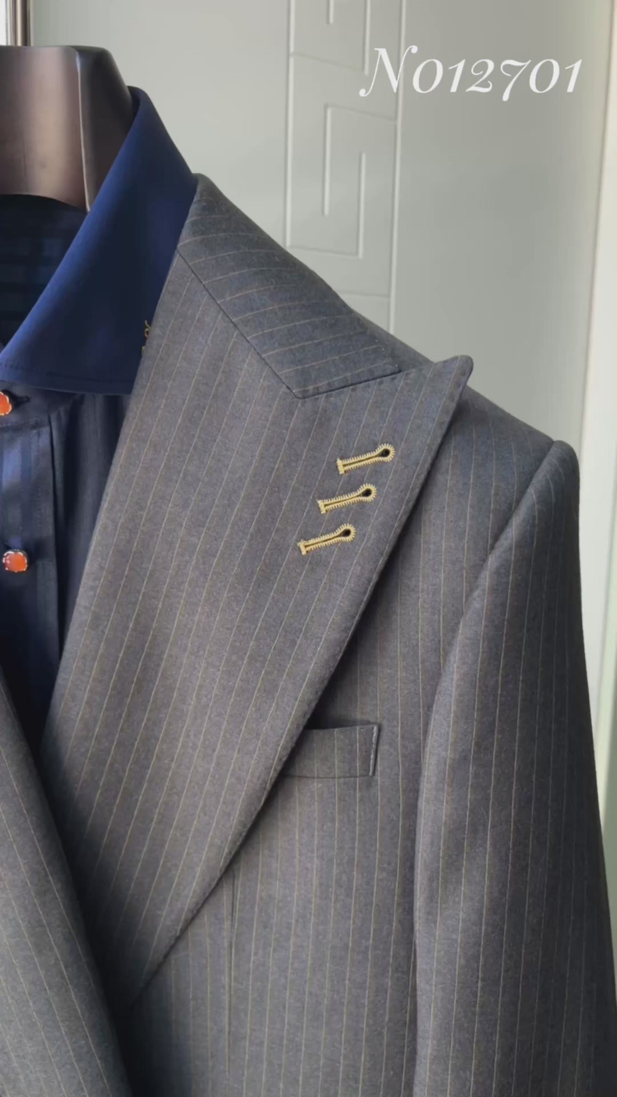 Grey Gold Pinstripe Peak Lapel Suit-video