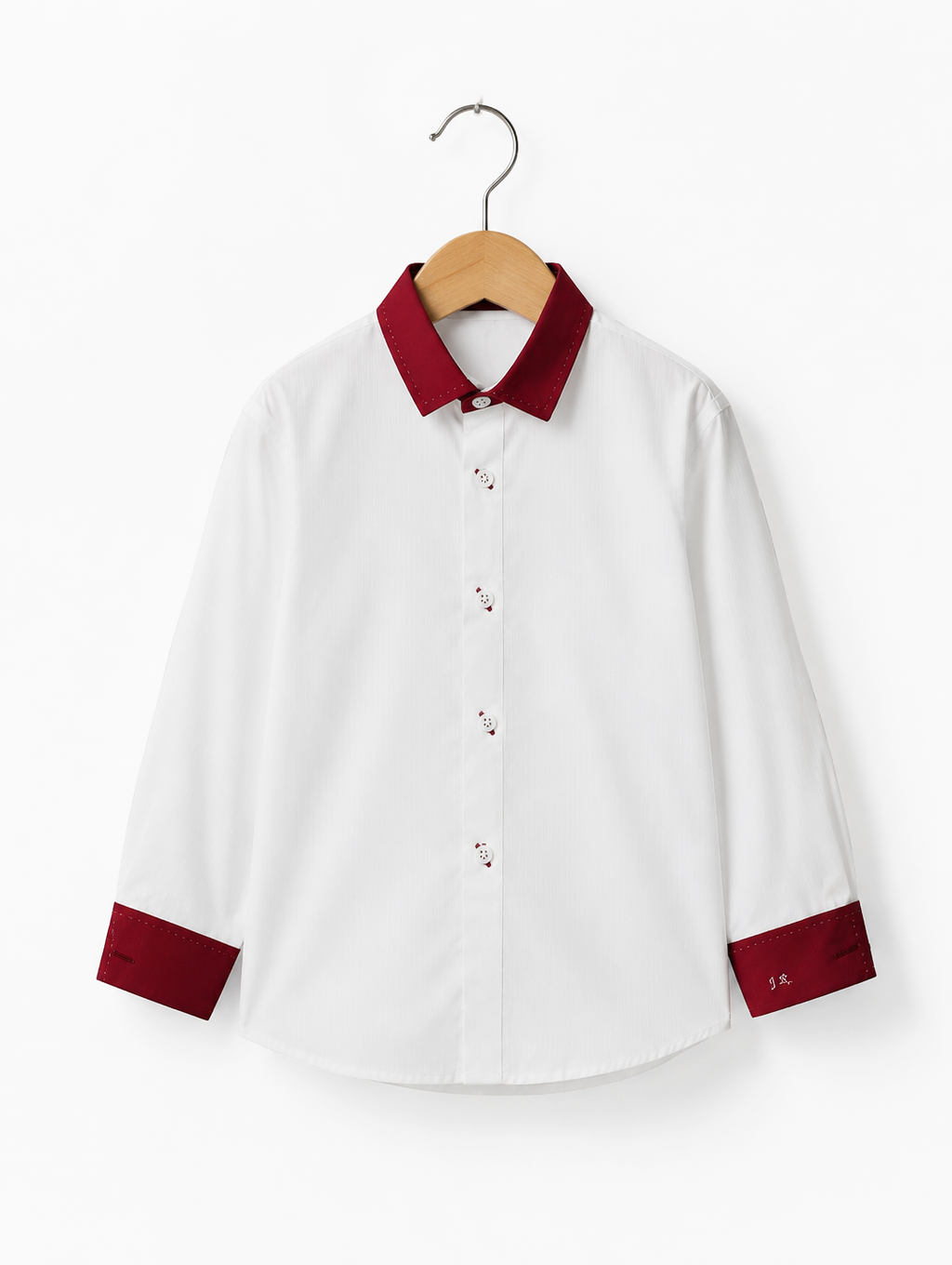 White Burgundy Contrast Collar Kids Shirt