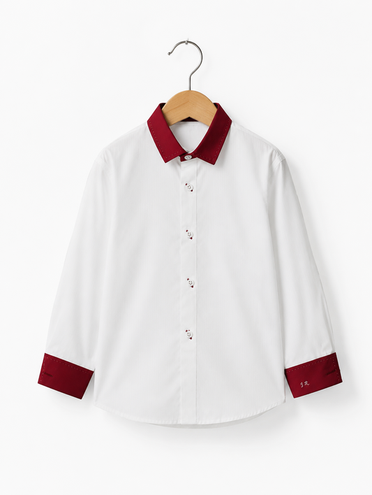 White Burgundy Contrast Collar Kids Shirt