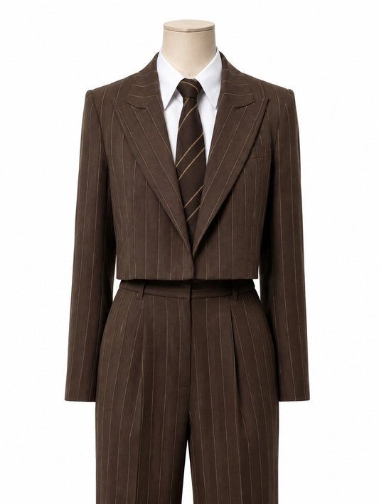 Brown Striped Cropped Blazer Suit