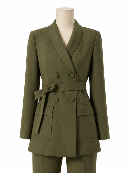 Green Double-Breasted Belted Suit