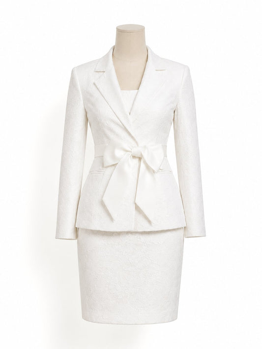 White Jacquard Bow-Waist Skirt Suit