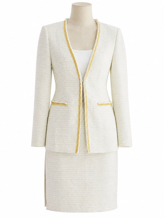 Ivory Tweed Collarless Skirt Suit