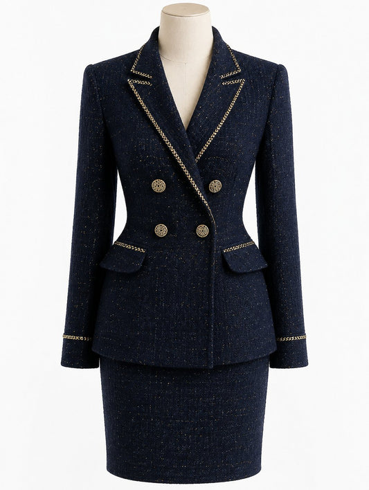 Navy Double-Breasted Tweed Skirt Suit