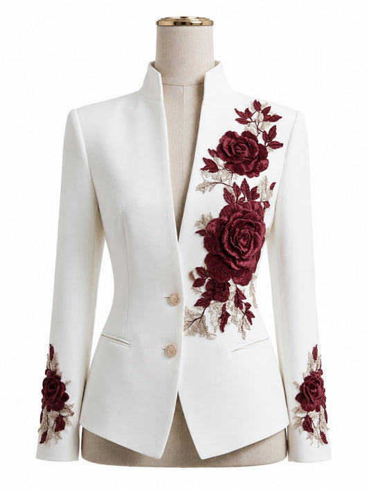 White Rose Embroidered Stand-Collar Blazer