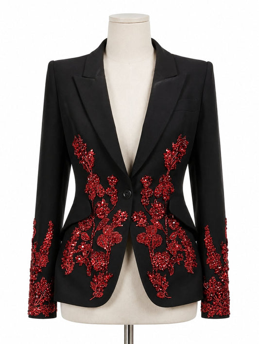 Black Red Floral Beaded Blazer
