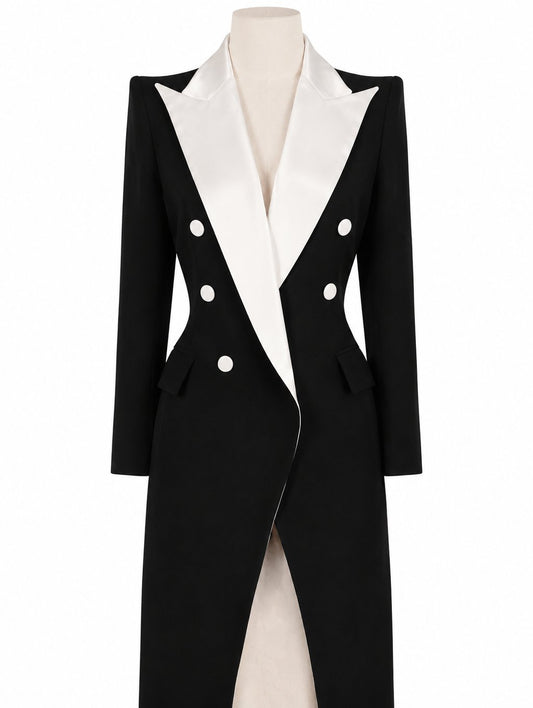 Black Long Tuxedo Coat with White Satin Lapels