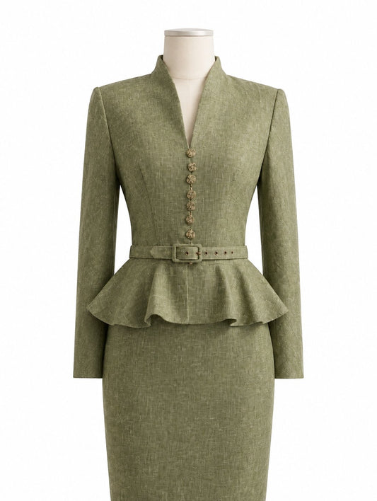 Olive Green Peplum Belted Mandarin Skirt Suit