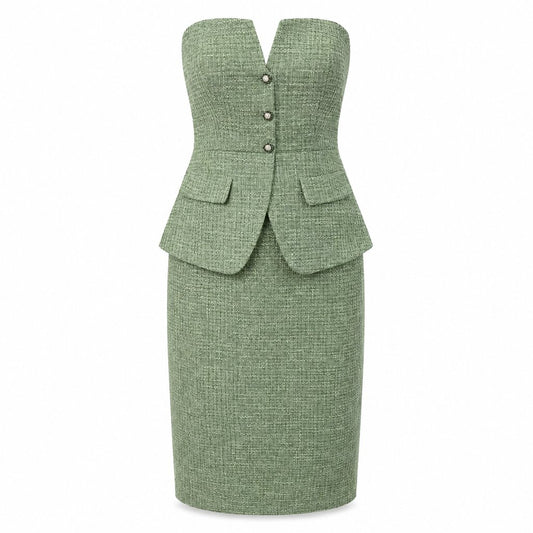 Sage Green Tweed Strapless Peplum Dress