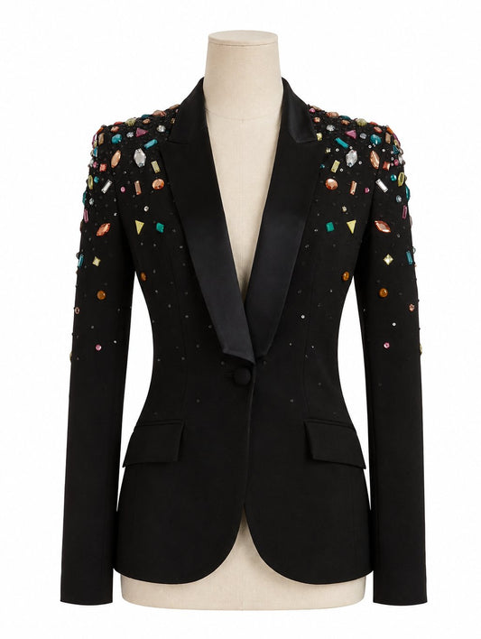 Black Crystal-Embellished Satin-Lapel Blazer