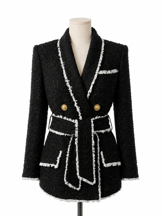 Black Fringe-Trim Tweed Belted Blazer