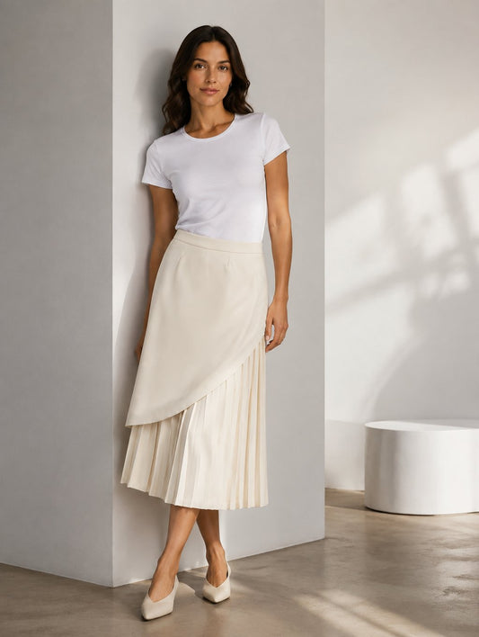 Ivory Asymmetric Pleated Midi Skirt