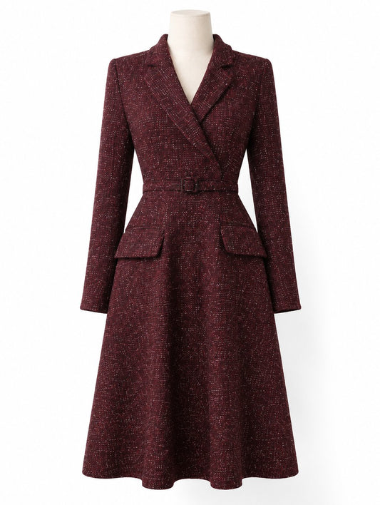 Burgundy Tweed Belted Blazer Dress