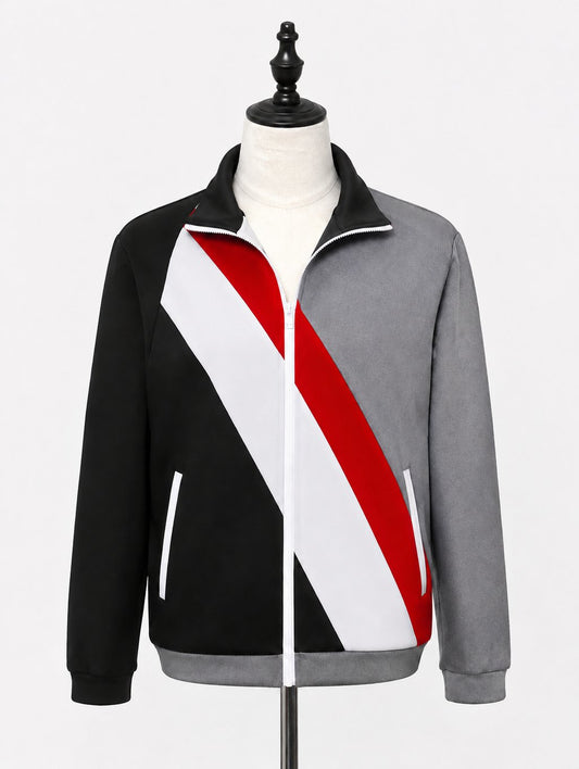 Black Grey Red Color-Block Zip Blazer