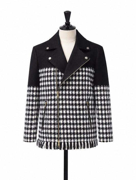 Black White Houndstooth Fringe Biker Blazer